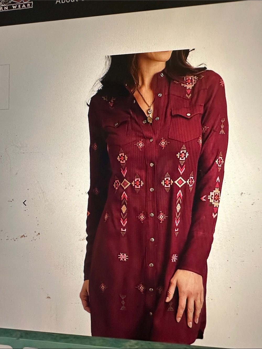 Stetson Burgundy Long-Sleeve Embroidered Shirt Dress nwt size med